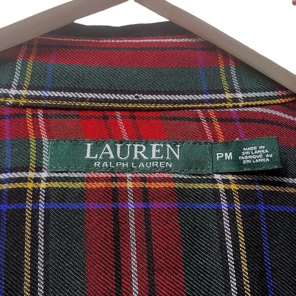 LAUREN RALPH LAUREN Womens Plaid Shirt Medium Petite Button up Crest Blouse Long - Picture 4 of 11